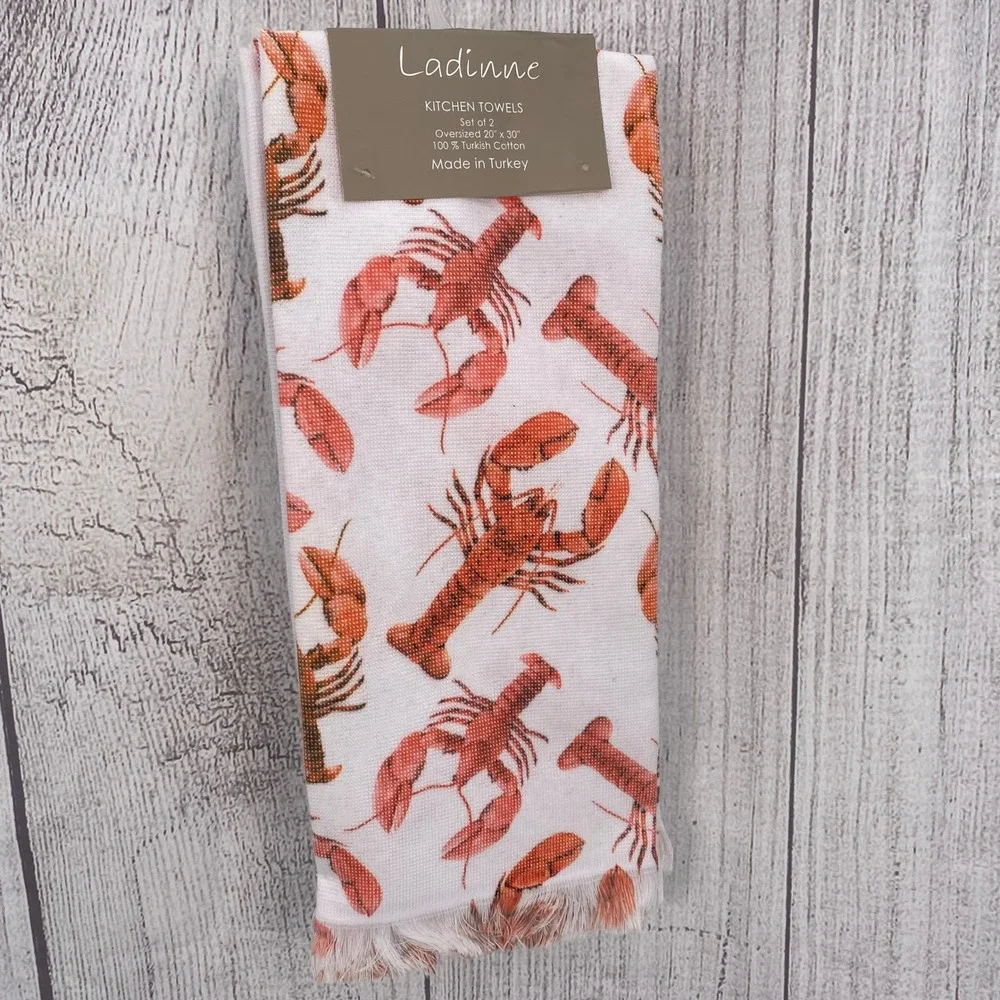 Ladinne Kitchen Towels White Lobster Print Embroidered Turkish Cotton Whimsical